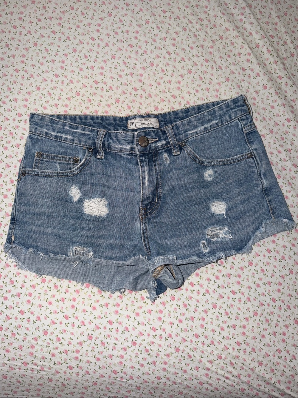 Free People Light Blue Distressed Denim Shorts